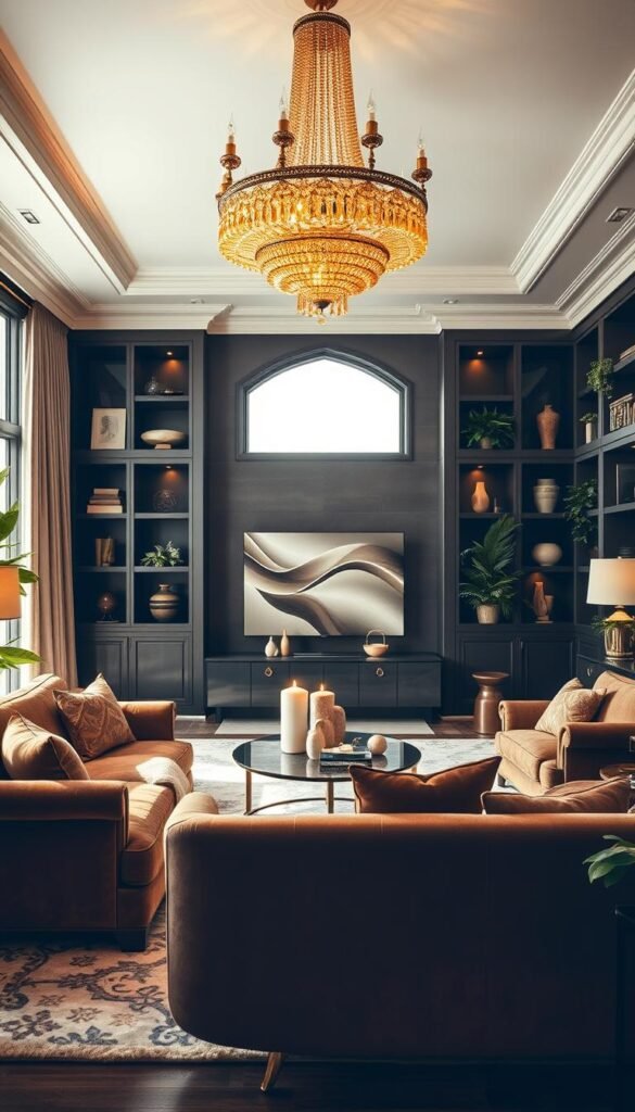 A richly layered living space with a sumptuous, well-lit decor. In the foreground, a plush velvet sofa and armchair sit atop a soft, patterned area rug. Overhead, a cascading chandelier casts a warm, golden glow. In the middle ground, a sleek media console displays artful accents and lighting fixtures. Framing the scene, floor-to-ceiling windows allow natural light to filter in, creating an airy, spacious ambiance. The background features built-in shelving units adorned with treasured mementos and lush potted plants. Soft, diffused lighting emanates from concealed sources, enhancing the depth and dimension of the carefully curated design.