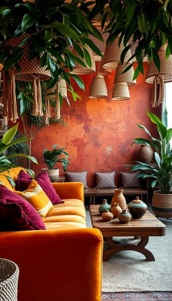 A richly textured and saturated boho scene featuring an assortment of earthy accents. In the foreground, a plush, ochre-colored velvet sofa is adorned with vibrant, hand-woven pillows in deep burgundy, mustard, and rusty orange hues. Lush, verdant plants in macrame hanging baskets frame the scene, casting warm, dappled light. In the middle ground, a vintage, teak coffee table is topped with a collection of eclectic pottery pieces in earthy tones of terracotta, sage, and indigo. Behind, a feature wall is covered in a bold, abstract mural in shades of terracotta, ochre, and deep sienna, creating a cozy, enveloping ambiance. Soft, diffused lighting from a cluster of rattan pendant lamps casts a gentle glow throughout the space.