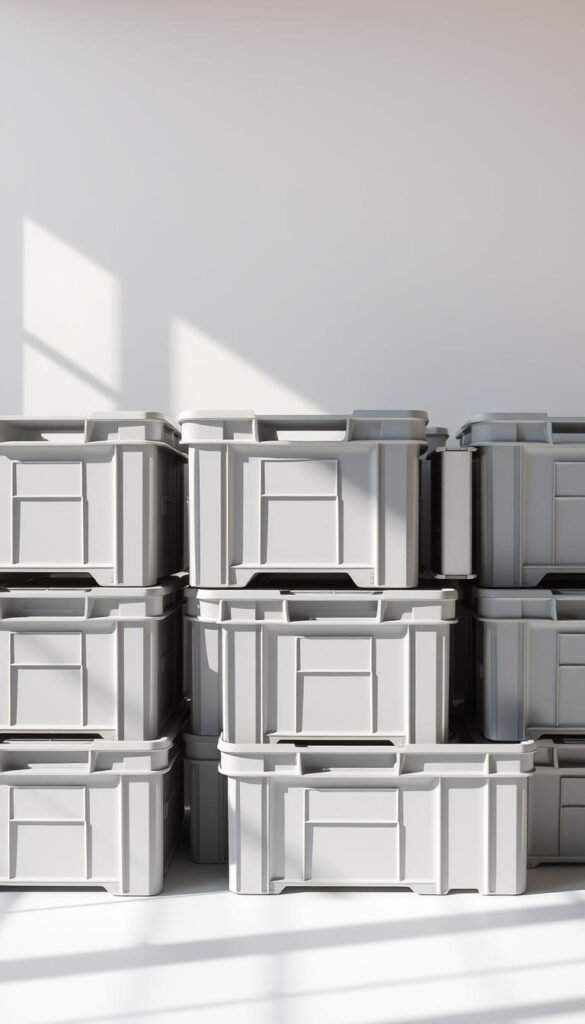 A row of pristine, sanitized plastic moving crates from Bungo Box, arranged in a well-lit, minimalist studio setting. The crates, in a soft shade of grey, have a smooth, matte finish that conveys a sense of quality and durability. The crates are stacked neatly, with clean edges and corners, showcasing their efficient design and space-saving capabilities. Soft, natural lighting illuminates the scene, casting gentle shadows and highlighting the crates' sleek, modern aesthetic. The background is a simple, neutral-toned backdrop, allowing the crates to take center stage and emphasize their functional yet visually appealing nature.