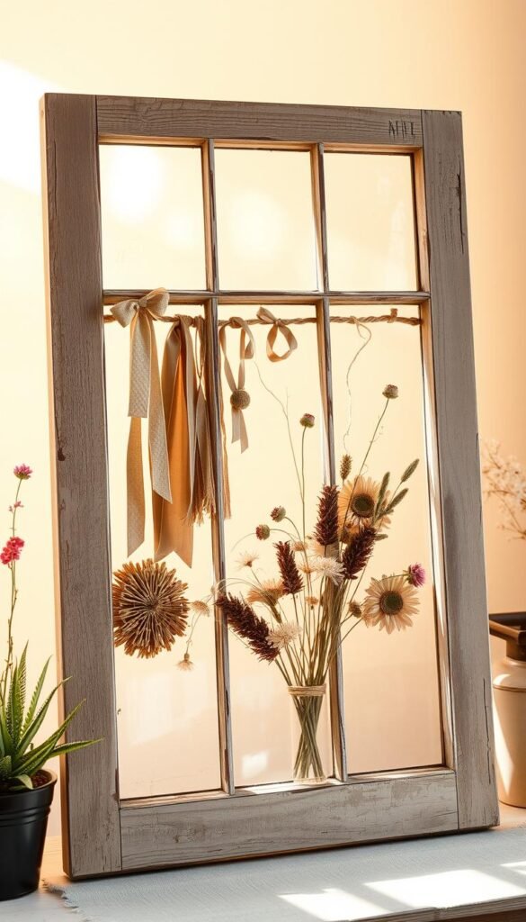 A rustic DIY window frame stands prominently in the foreground, its weathered wood and distressed finish evoking a sense of charm and character. In the middle ground, various decorative accents and embellishments are artfully arranged on the window frame, showcasing creative customization ideas - ribbons, dried flowers, twine, and other natural elements. The background features a warm, sun-drenched setting, with a cozy, inviting atmosphere that complements the handcrafted nature of the window frame. Soft, diffused lighting casts a gentle glow, highlighting the unique textures and details of the upcycled piece. The overall composition conveys a sense of rustic elegance and the rewarding process of repurposing an old window frame into a one-of-a-kind decorative accent.