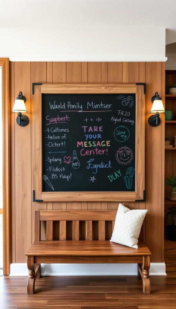A rustic chalkboard message center takes center stage in a warm, inviting farmhouse entryway. The blackboard, framed in distressed wood, is adorned with colorful chalk scribbles, reminders, and playful doodles. Beneath it, a wooden bench offers a cozy spot to sit and jot down notes. Soft lighting from sconces casts a gentle glow, creating a welcoming atmosphere. In the background, wooden shelves display decorative accents, plants, and personal keepsakes, complementing the natural, earthy tones. The entire scene radiates a sense of family, organization, and the charm of a lived-in, farmhouse-inspired space.