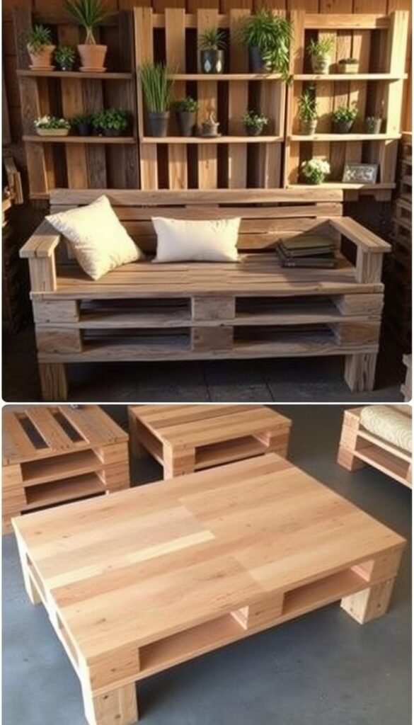 A rustic collection of pallet furniture designs, showcasing a variety of creative touches and variations. In the foreground, a sleek coffee table made from repurposed wooden pallets, featuring clean lines and a smooth, sanded surface. In the middle ground, a sturdy bench with a weathered, distressed finish, complemented by a plush cushion in a neutral tone. In the background, a set of pallet shelves displaying potted plants and decorative items, adding a touch of greenery and personal style. The scene is bathed in warm, natural lighting, casting a cozy and inviting atmosphere. The overall composition highlights the versatility and charm of pallet furniture, inspiring DIY enthusiasts to explore their own unique design possibilities.