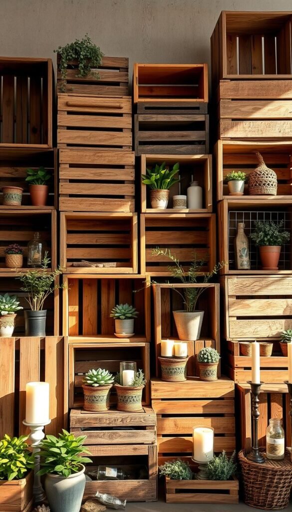 A rustic collection of wooden crates arranged artfully as decorative elements. The crates are stacked and positioned in a visually striking composition, with varying sizes, textures, and finishes creating visual interest. Soft, natural lighting casts a warm glow, highlighting the weathered surfaces and natural grain of the reclaimed wood. The crates are surrounded by complementary decor items such as potted plants, candles, and vintage accents, all working together to create a cozy, inviting atmosphere. The scene is captured from a slightly elevated angle, providing a clean, uncluttered view of the stylish crate display.