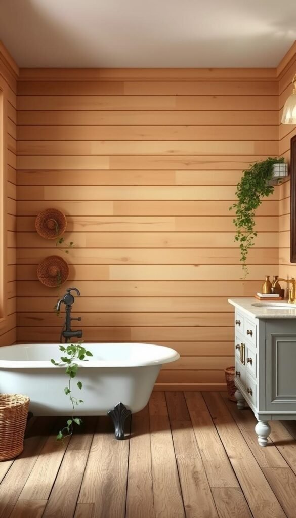 A rustic farmhouse bathroom with a shiplap-covered wall in a warm, natural palette. The shiplap planks run horizontally, creating a textured, inviting backdrop. Soft, even lighting illuminates the space, casting a gentle glow and highlighting the wood's grain. In the foreground, a classic clawfoot tub stands upon a distressed wooden floor, while a vintage-inspired vanity with a marble countertop and brass fixtures adds timeless elegance. Trailing greenery and woven baskets lend an organic, cozy feel, blending the indoors and outdoors for a serene, spa-like ambiance.