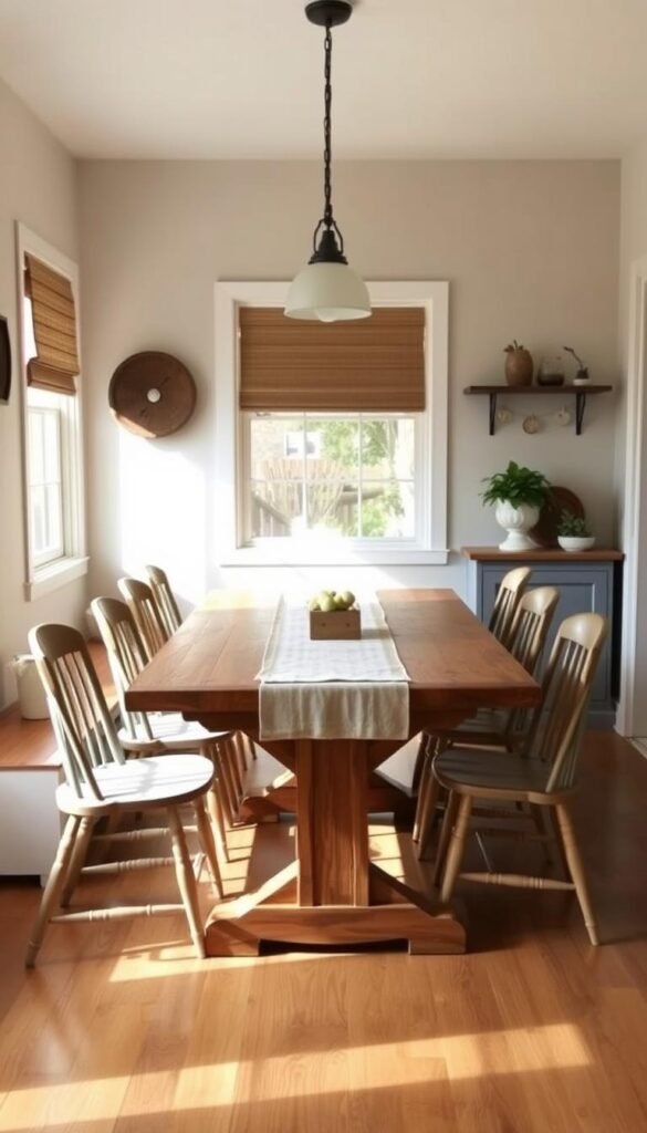 A rustic farmhouse dining table set in a warm, inviting nook. Centered in the frame, the sturdy wooden table is adorned with a simple yet elegant table runner, complemented by mismatched vintage chairs. Soft, natural lighting filters in through a large window, casting a cozy glow on the scene. In the background, the neutral-toned walls and a hint of farmhouse-inspired decor create a harmonious, family-friendly atmosphere. The table's proportions and placement evoke a sense of intimacy, perfect for gathering loved ones around for a home-cooked meal. This image captures the essence of a modern farmhouse kitchen nook, designed for cherished moments of culinary and familial connection.