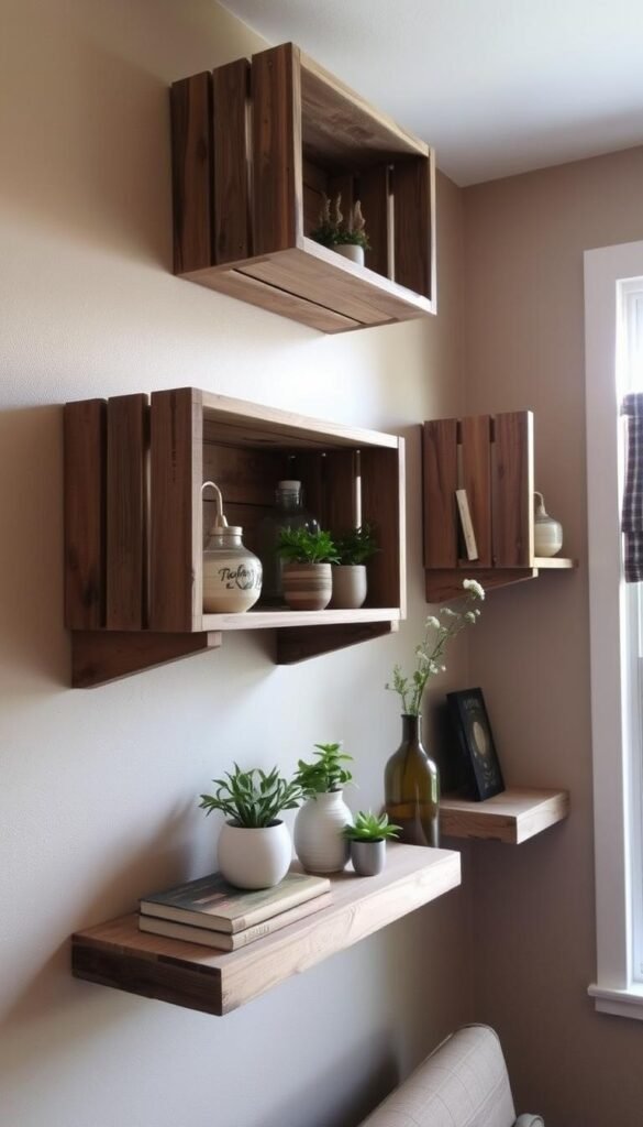 A rustic, farmhouse-inspired scene featuring a set of weathered wooden crates repurposed into stylish floating shelves. The crates are suspended on the wall, their natural grain and distressed texture adding warmth and character to the space. Soft, diffused lighting from a nearby window casts a gentle glow, highlighting the shelves' utilitarian yet elegant design. The shelves are adorned with a curated selection of décor items, including potted plants, vintage-inspired vases, and a few well-worn books, creating a cozy, lived-in atmosphere. The background is a neutral, earthy-toned wall, allowing the wooden shelves to take center stage and complement the overall farmhouse aesthetic.