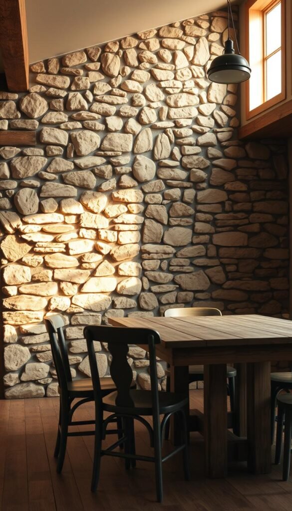 A rustic farmhouse interior with a captivating stone accent wall, bathed in warm, golden light. The wall features intricate textures and natural variations, creating a focal point that complements the cozy, inviting ambiance. In the foreground, a weathered wooden table and chairs occupy the space, while the background showcases the seamless integration of the stone wall into the overall farmhouse aesthetic. The scene is captured with a wide-angle lens, emphasizing the depth and grandeur of the space, and the lighting is soft and diffused, accentuating the natural beauty of the materials.