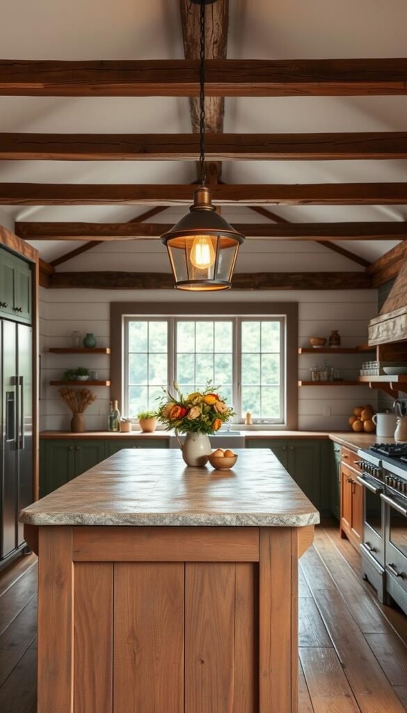 A rustic farmhouse kitchen with earthy, muted paint colors. In the foreground, a wooden kitchen island with a distressed finish, topped with natural stone. Hanging above, an antique brass pendant light casts a warm glow. The middle ground features exposed wooden beams and white shiplap walls, accented with a mix of terracotta, sage green, and ochre tones. In the background, a large window overlooks a lush, verdant landscape, bathed in soft, diffused natural light. The overall atmosphere is one of cozy comfort and timeless charm.
