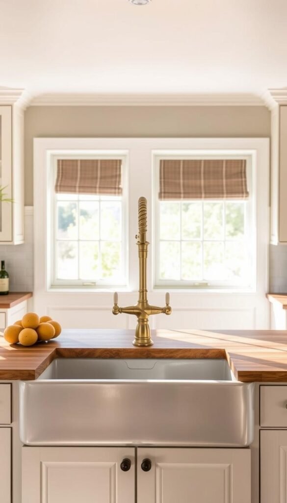A rustic farmhouse sink with a gleaming vintage brass faucet stands proudly in a bright, airy kitchen. Sunlight streams through large windows, casting a warm glow over the scene. The sink's deep basin and simple apron front create a timeless charm, complemented by the faucet's ornate detailing. Shaker-style cabinets in a soft white hue line the walls, while a wooden butcher block countertop adds natural texture. The overall atmosphere evokes a cozy, inviting ambiance, blending classic farmhouse style with modern functionality.