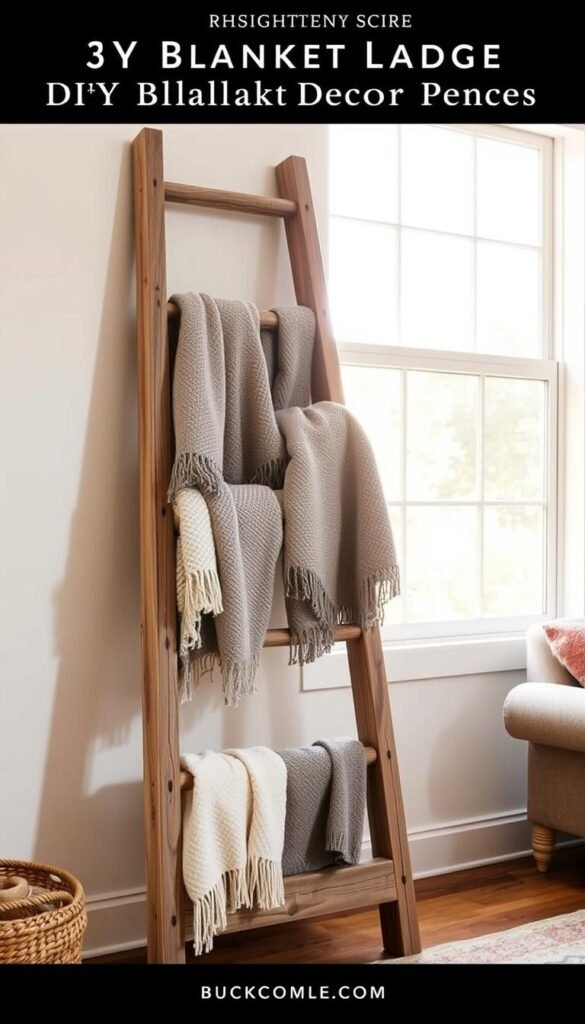 A rustic, farmhouse-style DIY blanket ladder decor piece, standing tall in a cozy living room. The ladder is constructed from weathered, unfinished wood, with four evenly spaced rungs. Soft, plush blankets in muted tones of gray, white, and beige are draped casually over the rungs, creating a inviting, layered texture. Warm, natural lighting from a large window floods the scene, casting a soft, golden glow and highlighting the organic materials. The ladder is positioned against a plain, white wall, allowing the textiles to be the focal point. The overall atmosphere is one of simple, understated elegance, perfectly complementing a farmhouse-inspired living space.