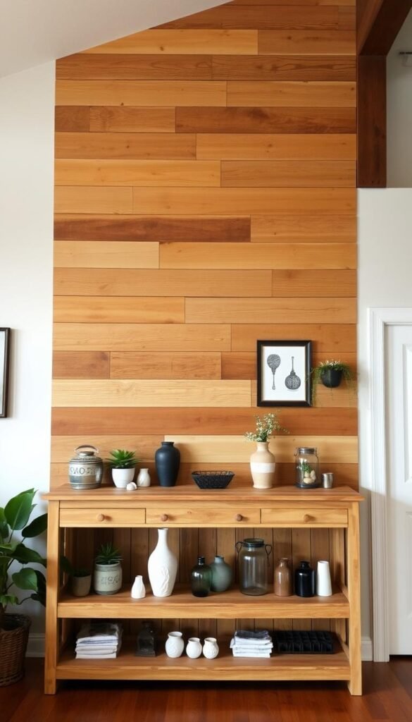 A rustic farmhouse-style interior, with a prominent feature wall made of reclaimed wood panels in warm, weathered tones. The wooden planks have a distressed, time-worn appearance, creating a charming, organic aesthetic. In the foreground, a simple yet stylish wooden shelving unit displays an array of decorative items, such as potted plants, vintage-inspired vases, and possibly a few framed wall art pieces. The lighting is soft and natural, with a mix of ambient and task lighting, creating a cozy and inviting atmosphere. The overall scene evokes a sense of rustic charm and effortless elegance, perfectly suited for a farmhouse-inspired living room decor.