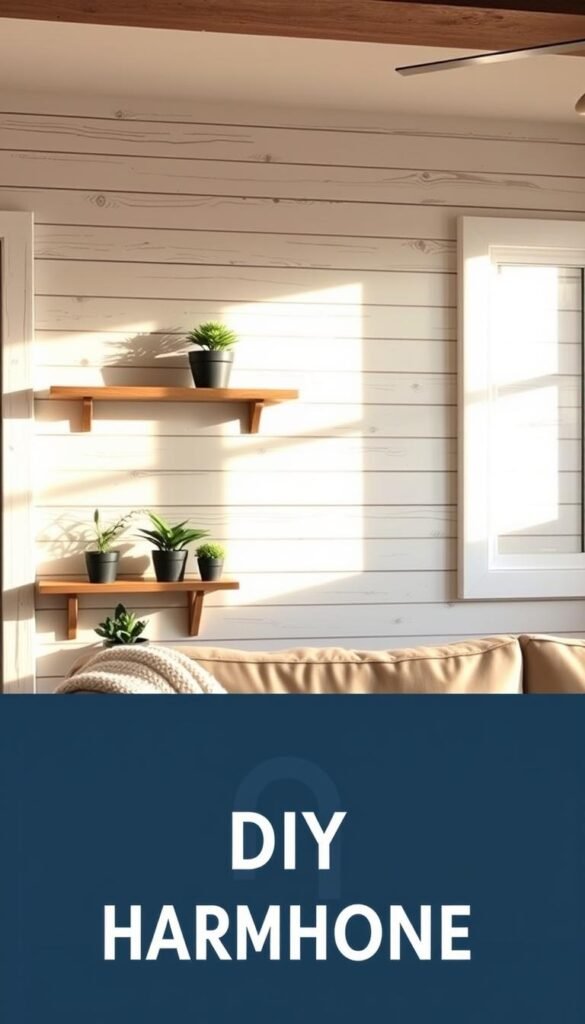 A rustic, farmhouse-style living room with a beautiful shiplap accent wall, bathed in warm, natural lighting. The shiplap boards have a weathered, distressed finish, creating a charming, vintage-inspired look. The wall is the focal point of the room, complemented by simple, minimalist decor, such as a wooden shelf displaying potted plants and a cozy throw blanket draped over a neutral-toned sofa. The overall atmosphere is cozy, inviting, and effortlessly chic, perfectly capturing the essence of a budget-friendly, DIY farmhouse aesthetic.