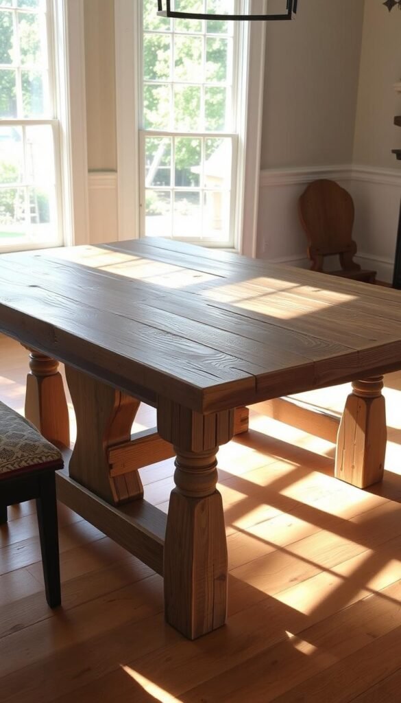 A rustic farmhouse table, its surface crafted from weathered, knotty wood planks, rests in a sun-dappled room. Gentle natural light filters through large windows, casting a warm, inviting glow over the scene. The table's sturdy, distressed legs complement the rough-hewn tabletop, exuding a sense of timeless charm. Simple yet elegant, the table stands as the centerpiece of the space, inviting cozy family gatherings and leisurely meals. Subtle details, such as the occasional knot or imperfection in the wood, add to the table's authentic, homespun character. This is the perfect farmhouse dining table, a harmonious blend of rustic aesthetic and functional design.