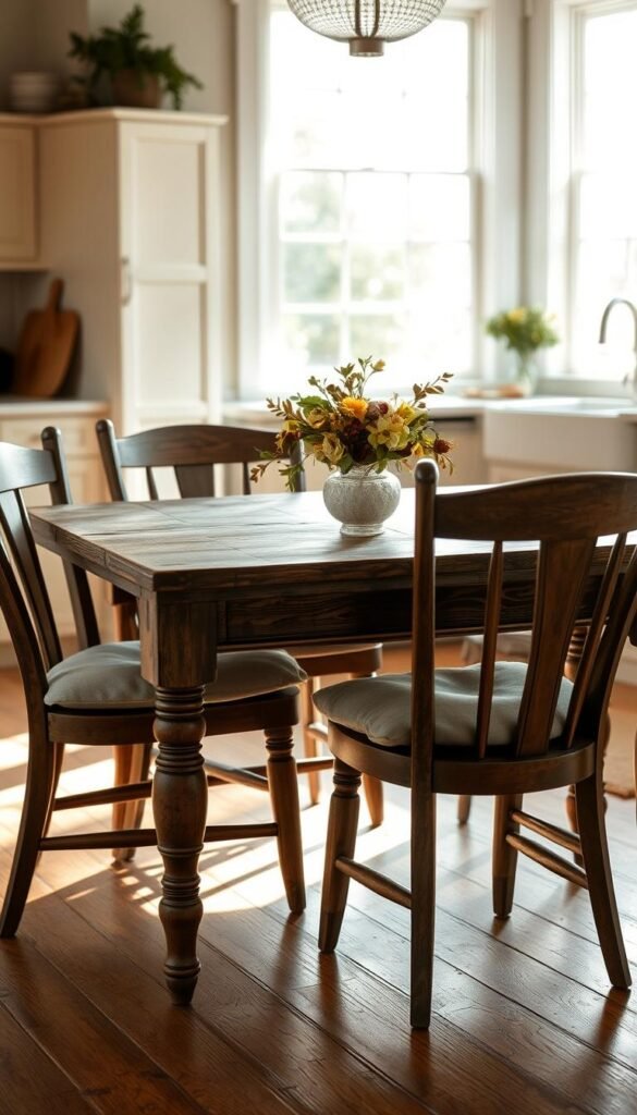 A rustic farmhouse table with a weathered, distressed wood top stands in a bright, airy kitchen. Four vintage, mismatched wooden chairs with plush, linen-upholstered seats surround the table, inviting cozy gatherings. Soft, natural light filters in through large windows, casting a warm, golden glow across the scene. The table is styled with a simple, seasonal floral arrangement, complementing the room's earthy, organic palette. The overall atmosphere is one of comfortable elegance, reflecting the character and charm of a traditional farmhouse kitchen.
