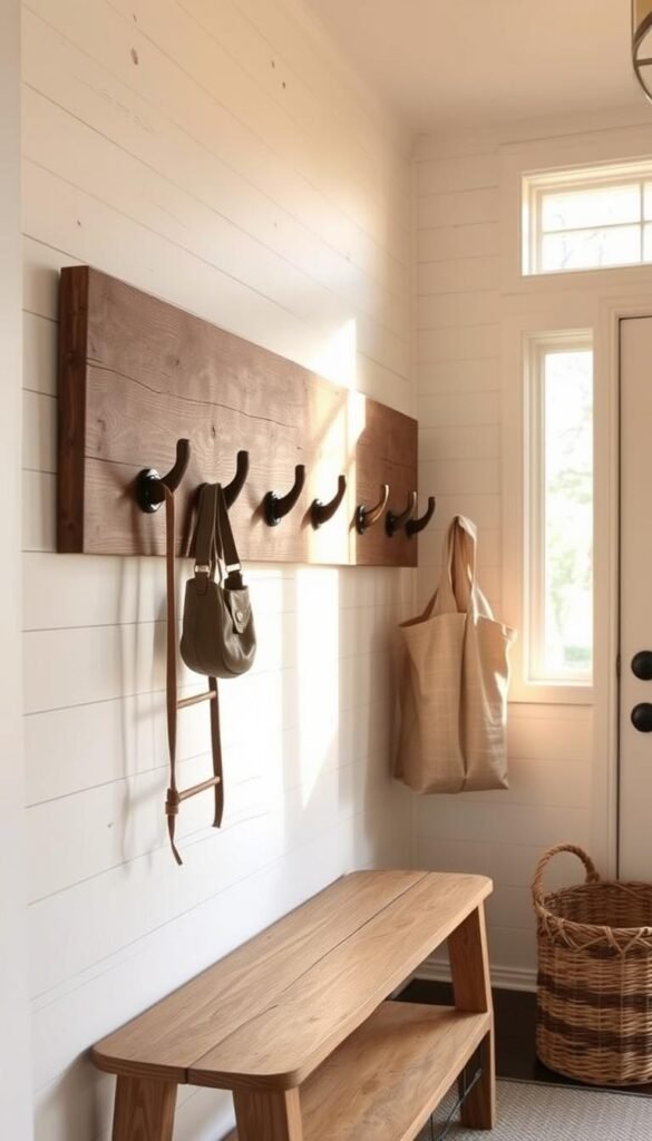 A rustic, handcrafted peg rack stands proudly in a cozy farmhouse entryway, its sturdy wooden pegs inviting guests to hang their coats and bags. Warm, golden light filters through a nearby window, casting a soft glow on the distressed wooden surface. The rack is mounted on a whitewashed shiplap wall, complementing the natural textures and earthy tones of the space. Nearby, a weathered wooden bench and a woven basket add to the charming, homespun ambiance, creating a welcoming atmosphere that embodies the spirit of a warm, inviting farmhouse.