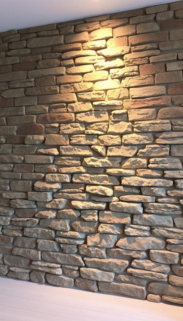 A rustic stone and brick accent wall, illuminated by soft, warm lighting. In the foreground, a textured blend of weathered gray stones and reddish-brown bricks, artfully arranged in a visually striking pattern. The middle ground features a subtle interplay of light and shadow, casting a cozy, inviting ambiance. In the background, a sense of depth is created by the gradual fading of the wall into the distance, hinting at the larger living space. The overall composition exudes a timeless, vintage charm that would seamlessly complement a cozy, rustic-inspired living room.
