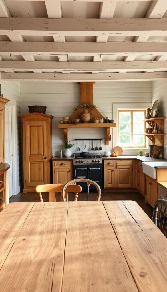 A rustic, unfitted farmhouse kitchen with freestanding furniture, bathed in warm, natural light streaming through large windows. In the foreground, a well-worn wooden dining table and mismatched chairs create a cozy, lived-in atmosphere. Freestanding cabinets, shelves, and a farmhouse-style sink occupy the middle ground, their distressed finishes and vintage hardware adding to the room's charming, time-worn aesthetic. In the background, a cast-iron stove and antique décor pieces complement the overall farmhouse theme, while the exposed ceiling beams and whitewashed walls contribute to the sense of timeless, organic simplicity. The overall mood is one of inviting comfort and a connection to the land.