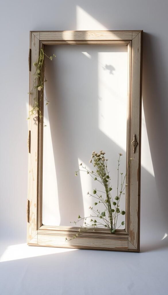 A rustic, weathered window frame with distressed wood and ornate detailing stands prominently in the foreground, casting soft, natural lighting across a simple, minimalist backdrop. Delicate flowers and greenery cascade from the frame, adding a touch of organic beauty. The composition is balanced and visually striking, capturing the charm and character of repurposed window decor. The overall mood is one of warmth, nostalgia, and a celebration of the beauty found in upcycled, handcrafted elements.
