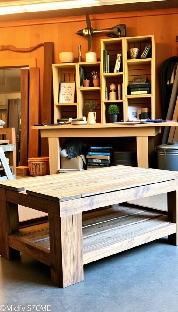 A rustic, well-lit DIY workshop scene featuring a collection of upcycled crate furniture projects. In the foreground, a handcrafted coffee table made from reclaimed wooden crates, its sturdy frame and weathered planks creating a charming, industrial-chic aesthetic. Behind it, a stylish crate bookshelf or storage unit, its compartments neatly organized with decorative items and books. In the middle ground, a workbench showcases various tools and materials, hinting at the creative process behind these unique crate transformations. The background is bathed in warm, natural lighting, casting a cozy, inviting ambiance over the scene. The overall composition conveys a sense of skilled craftsmanship, sustainable design, and the rewarding DIY spirit.