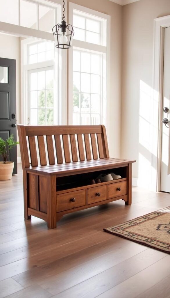 A rustic, wooden entryway bench with a hidden storage compartment underneath, designed to neatly conceal shoes and keep the area organized. The bench is positioned in a bright, well-lit foyer, with natural light streaming in through large windows, creating a warm and inviting atmosphere. The bench features a slatted top, providing both a functional surface and a decorative element. Intricate joinery and a distressed finish give the piece a charming, vintage aesthetic that complements the surroundings. Soft, diffused lighting highlights the bench's tactile details and casts gentle shadows, conveying a sense of comfort and practicality in this organized living space.
