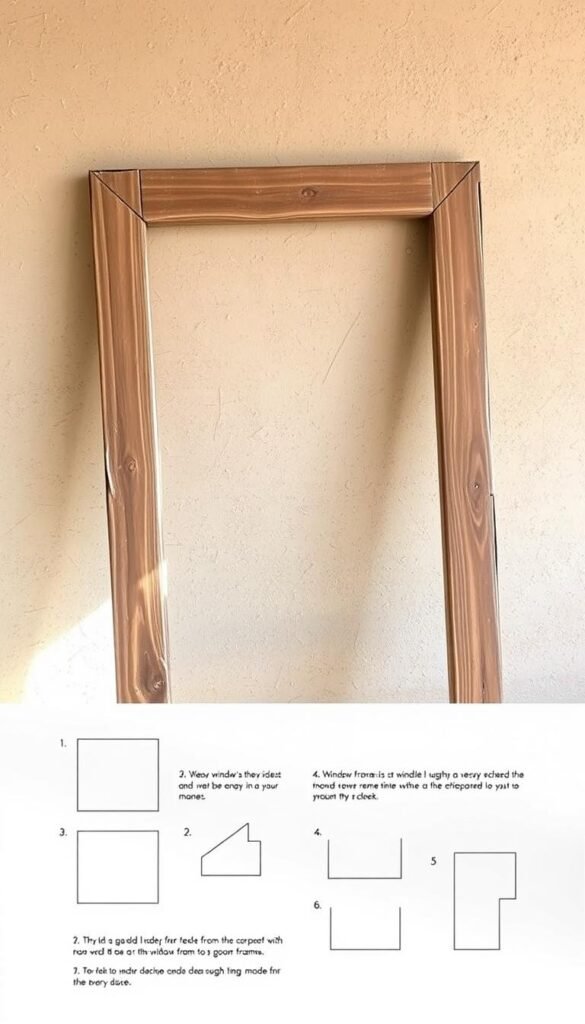 A rustic, wooden window frame set against a neutral, earthy background. The frame is positioned diagonally, with one side resting on the surface and the other side leaning upwards. The frame's surface is weathered and distressed, with visible knots and imperfections. In the foreground, there are clear, step-by-step instructions for assembling the frame, with numbered steps and simple line drawings or illustrations. The lighting is natural and diffused, creating soft shadows and highlights that accentuate the frame's texture and the step-by-step guide. The overall mood is one of a DIY project, with a focus on the process of transforming an old window frame into a unique, rustic picture frame.