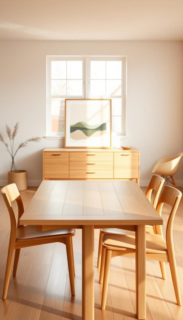 A serene Scandinavian-inspired scene featuring light wood furniture with clean, minimalist lines. In the foreground, a sleek, rectangular wooden dining table is surrounded by four matching chairs with simple silhouettes. The middle ground showcases a mid-century modern credenza or sideboard, its smooth surfaces accentuated by warm, natural lighting filtering in through large windows. In the background, the walls are adorned with a single piece of abstract art, complementing the pared-down aesthetic. The overall atmosphere is one of calm, understated elegance, perfectly capturing the essence of Scandinavian minimalism.