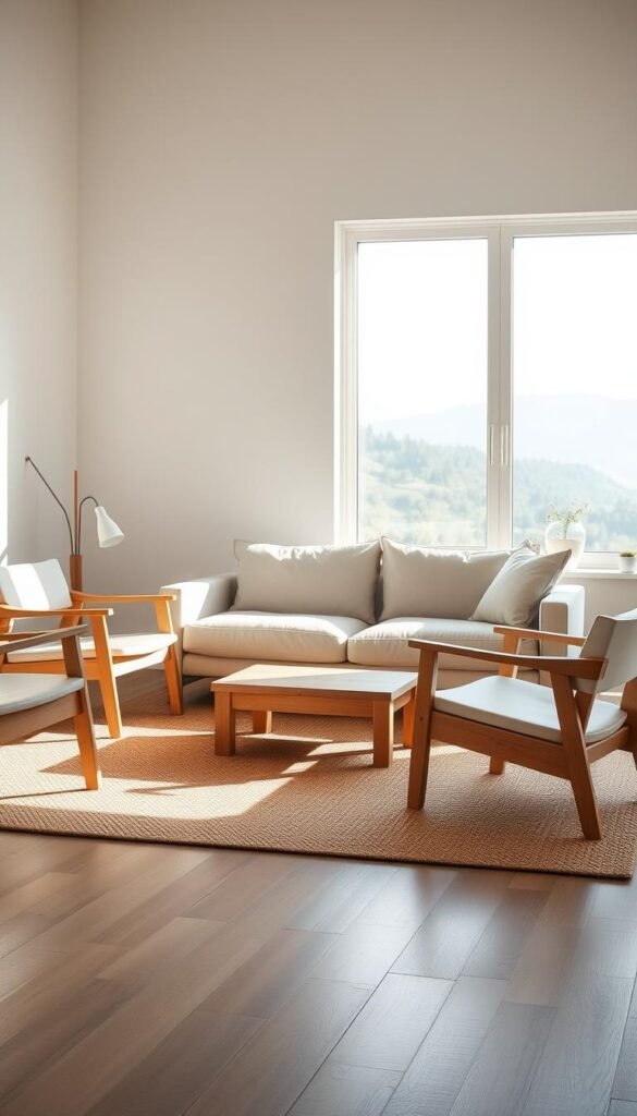 A serene Scandinavian living room showcases a minimalist furniture arrangement, bathed in soft, natural light. In the foreground, a mid-century inspired sofa with clean lines and plush, neutral upholstery sits atop a woven area rug. Complementing the sofa are armchairs crafted from light-toned, solid wood, their simple silhouettes accentuated by the play of shadows. In the middle ground, a low, rectangular coffee table made of pale, sanded wood grounds the space. The background features a large window framing a tranquil, natural landscape, casting a warm glow throughout the room. Subtle textures, such as the wooden grains and woven patterns, lend warmth and depth to the scene, creating a harmonious, Scandinavian-inspired atmosphere.