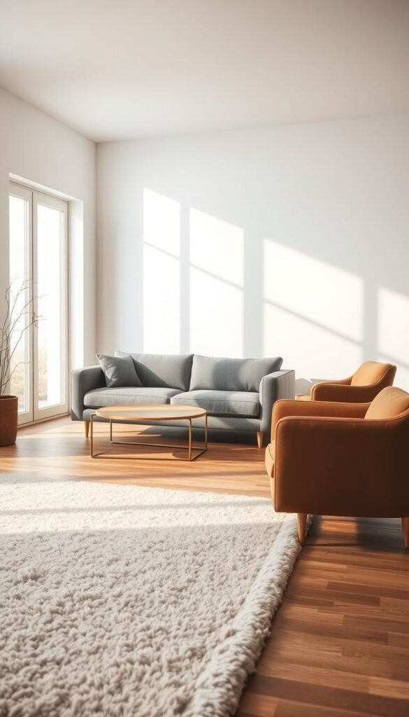 A serene and minimalist interior scene showcasing the nuanced interplay of warm and cool undertones. In the foreground, a plush, neutral-toned area rug grounds the composition, its soft textures contrasting with the smooth, matte finish of the hardwood flooring. In the middle ground, a sleek, understated sofa in a cool gray hue is complemented by a pair of armchairs upholstered in a warm, earthy tone. Soft, diffused natural light filters through large windows, casting gentle shadows and highlights that accentuate the subtle color variations. The background features a plain, white wall, allowing the focus to remain on the harmonious balance of the warm and cool elements within the space. The overall atmosphere is one of calm, refined elegance, capturing the essence of a minimalist, neutral-palette design.