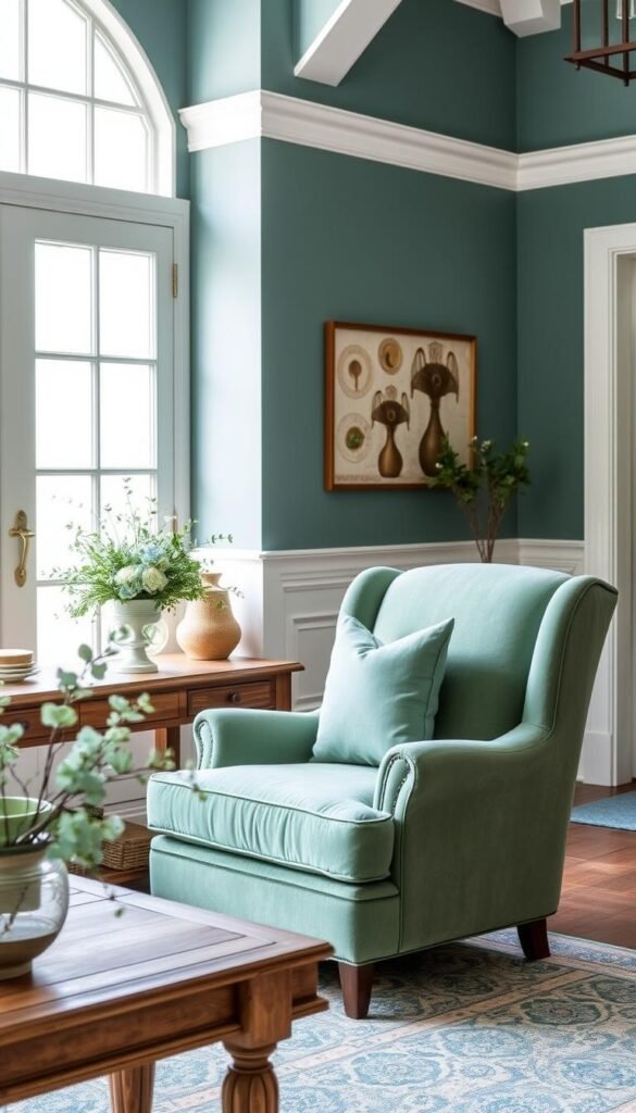 A serene and tranquil scene showcasing a beautiful blue-green color palette perfect for a warm farmhouse-style entryway. The foreground features a delicate floral arrangement in shades of turquoise and mint, artfully displayed on a rustic wooden console table. The middle ground depicts a plush, overstuffed armchair upholstered in a soft, muted green velvet, inviting guests to pause and admire the space. In the background, a large window floods the room with natural light, casting a gentle glow and highlighting the calming tones of the walls painted in a soothing blue-green hue. The overall atmosphere evokes a sense of peace and relaxation, perfectly complementing the welcoming farmhouse ambiance.