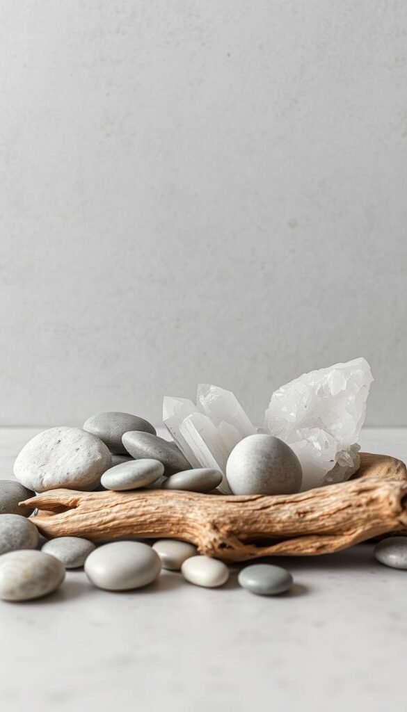 A serene arrangement of natural materials in a muted monochrome palette. Smooth river stones, weathered driftwood, and unpolished quartz crystals compose the focal point, bathed in soft, even lighting that casts delicate shadows. The background features a textured concrete or plaster wall, lending an industrial yet refined ambiance. The overall composition conveys a sense of simplicity, balance, and timeless elegance, perfectly suited to showcase the inherent beauty of these earthy, minimalist materials.