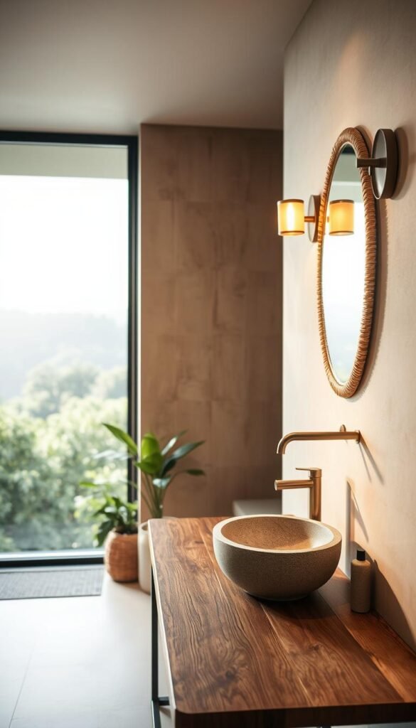 A serene bathroom interior with natural materials seamlessly blended. In the foreground, a wooden vanity top with a stone vessel sink rests on a minimalist metal frame. Hanging above, a round mirror with a woven rattan frame reflects the soft, warm lighting from sconces on either side. In the middle ground, a textured stone or ceramic tile wall panel provides an earthy backdrop, complemented by potted plants and a woven wicker basket. The background features a large window overlooking a lush, natural landscape, flooding the space with diffused natural light and a calming, spa-like atmosphere.