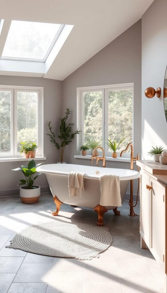 A serene bathroom with a calming color palette of soft grays, soothing blues, and natural wood tones. The space is bathed in warm, natural light filtering through large windows, casting a tranquil glow. Refined stone tiles line the floors and walls, complemented by a vintage-inspired clawfoot tub and minimalist brass fixtures. Plush textiles, such as a cozy rug and fluffy towels, add a touch of luxury, while potted plants and natural accents blend the indoors with the outdoors, creating a restorative, spa-like atmosphere.