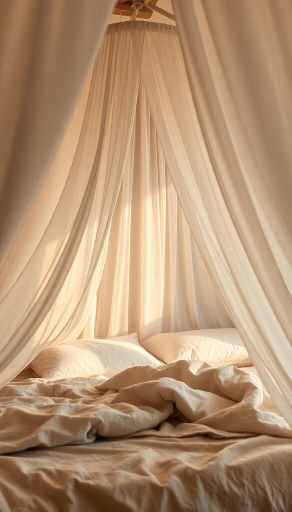 A serene bed canopy floating gracefully, its sheer fabric cascading in soft folds, bathed in warm, diffused lighting. A cozy, dreamy sanctuary, the canopy's delicate silhouette casting gentle shadows across the plush bedding below. Neutral tones and natural textures, from weathered wood to linen and cotton, create a calming, harmonious atmosphere. The camera's lens captures the scene from a low angle, emphasizing the enveloping, cocooning effect of the canopy's graceful form. An oasis of tranquility, this image evokes a sense of peaceful retreat, where one can find respite and restoration.