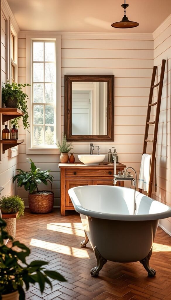 A serene farmhouse-style bathroom, flooded with warm, natural light from large windows. The foreground features a luxurious clawfoot tub, its vintage charm complemented by a tiled floor in a herringbone pattern. Surrounding the tub are rustic wooden shelves adorned with lush greenery and aromatics, creating a spa-like ambiance. In the middle ground, a vanity with a farmhouse-inspired vessel sink sits beneath a large, antique-inspired mirror, its distressed wooden frame reflecting the room's timeless aesthetic. The background showcases shiplap walls, enhancing the cozy, countryside feel, and a freestanding ladder-style towel rack adding practical elegance. The overall atmosphere evokes a sense of relaxation and rejuvenation, perfectly capturing the essence of a timeless farmhouse bathroom with a spa-like charm.