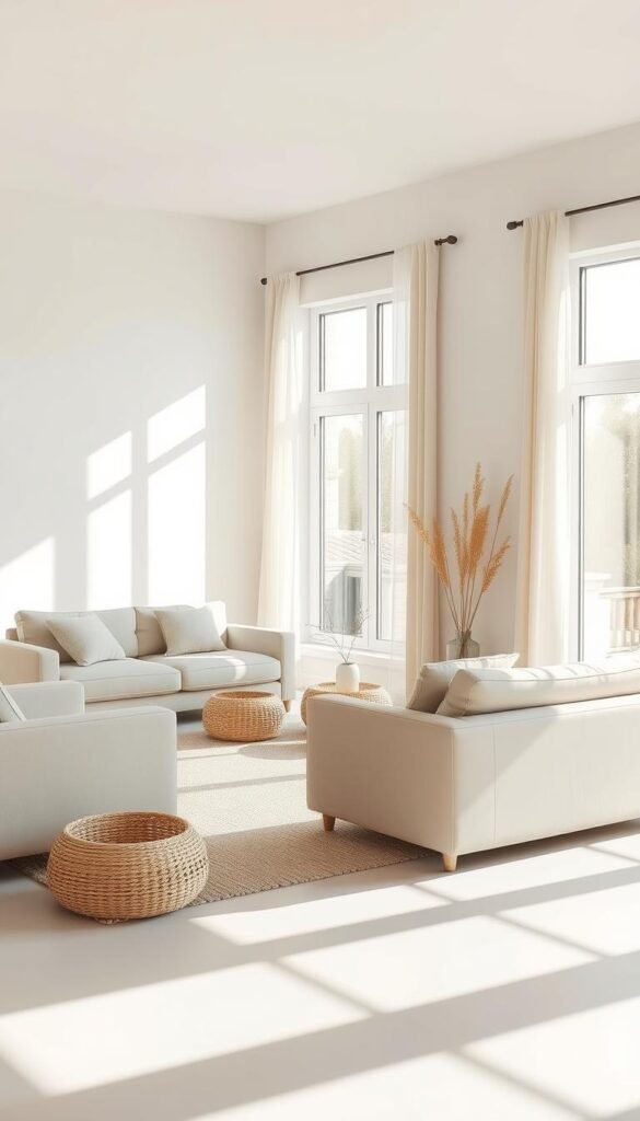 A serene living room with a neutral color palette, bathed in soft, natural light. The space features clean-lined furniture in shades of beige, cream, and light gray, creating a harmonious and calming atmosphere. Textured elements like a plush area rug, woven baskets, and linen curtains add depth and visual interest without disrupting the tranquil vibe. Large windows allow the warm glow of the sun to filter in, casting a gentle, diffused illumination throughout the room. The minimalist decor and muted tones evoke a sense of simplicity and mindfulness, perfectly suited for a peaceful, minimalist living space.