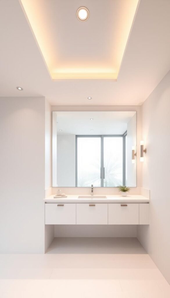 A serene, minimalist bathroom with layers of soft, diffused lighting. In the foreground, a recessed ceiling fixture casts a warm, glowing ambiance across the clean, white tiles. In the middle ground, wall sconces flank a large vanity mirror, their muted illumination creating a soothing, spa-like atmosphere. The background features a large window, allowing natural daylight to filter in and blend seamlessly with the artificial lighting, resulting in a calming, harmonious balance. The entire scene is captured through a wide-angle lens, emphasizing the sense of depth and cohesive design.
