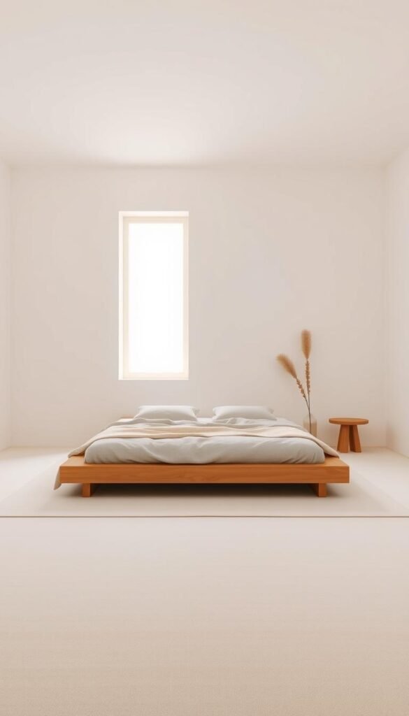A serene, minimalist bedroom with a balance of clean lines and natural textures. In the foreground, a simple, platform bed with soft, linen bedding in muted tones. Placing the bed in the center of the frame, allowing ample negative space around it. The middle ground features a single, floor-to-ceiling window, casting warm, diffused lighting across the space. In the background, a bare, white wall creates a calming, uncluttered backdrop. Touches of natural wood accents, like a small side table or dresser, add subtle warmth. The overall mood is one of tranquility and simplicity, where less is truly more.