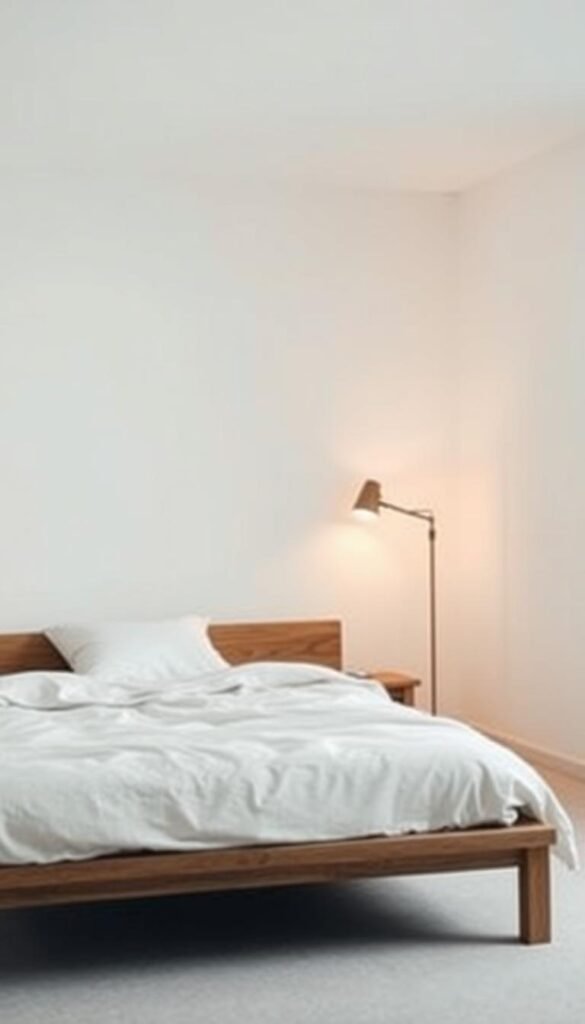 A serene minimalist bedroom with a low-profile wooden bed frame, a simple nightstand, and a minimalist floor lamp casting a warm, diffused light. The room has clean lines, neutral tones, and natural materials like wood and linen, creating a calm, uncluttered atmosphere. The scene is captured from a slightly elevated angle, emphasizing the tranquil, harmonious composition. The overall mood is one of simplicity, relaxation, and restful solitude.