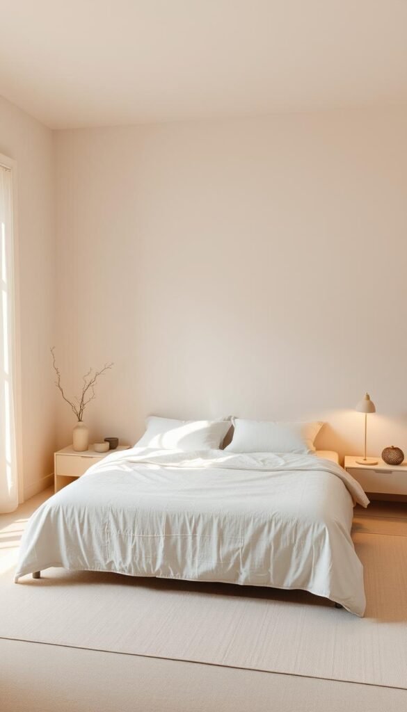 A serene, minimalist bedroom with a neutral color palette that evokes a sense of calm and balance. The space features soft, muted tones of beige, ivory, and light gray, creating a soothing and harmonious atmosphere. The lighting is gentle, with a warm, diffused glow that casts a subtle, ambient illumination throughout the room. The focal point is a large, minimalist bed with crisp, clean lines, dressed in textured linens that complement the overall palette. Surrounding the bed, the decor is sparse yet intentional, with a few carefully selected pieces that add visual interest without distracting from the overall tranquility of the space. The overall mood is one of quiet elegance and simplicity, perfectly capturing the essence of a serene, minimalist bedroom.