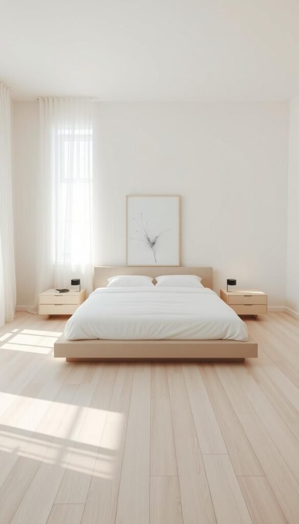 A serene, minimalist bedroom with clean lines and a calming atmosphere. A large window floods the space with soft, natural light, casting a warm glow on the pale wooden floors and crisp white bedding. A low, platform bed takes center stage, flanked by minimalist nightstands with subtle lighting. The walls are painted in a soothing, neutral palette, decorated with a single, abstract artwork. Wispy, sheer curtains billow gently, creating a sense of tranquility. The overall composition is balanced and harmonious, inviting the viewer to experience a peaceful, restorative retreat.