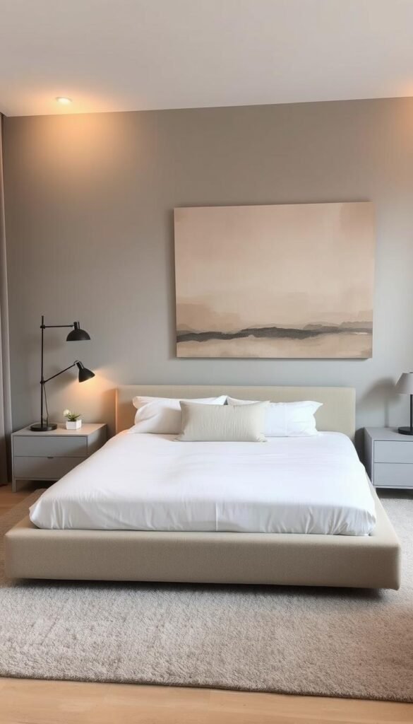 A serene, minimalist bedroom with clean lines and muted tones. A low-profile platform bed takes center stage, adorned with crisp white linens and a single, oversized throw pillow. The walls are painted a soft, earthy gray, complemented by a large, abstract artwork in muted hues. Soft, indirect lighting from a sleek, minimalist floor lamp casts a warm, cozy glow, while a pair of understated nightstands flank the bed, each holding a single, minimalist table lamp. The floor is covered in a plush, neutral-toned rug, adding texture and warmth to the space. The overall atmosphere is one of tranquility and simplicity, where the focus is on the essentials for a restful, restorative sleep.