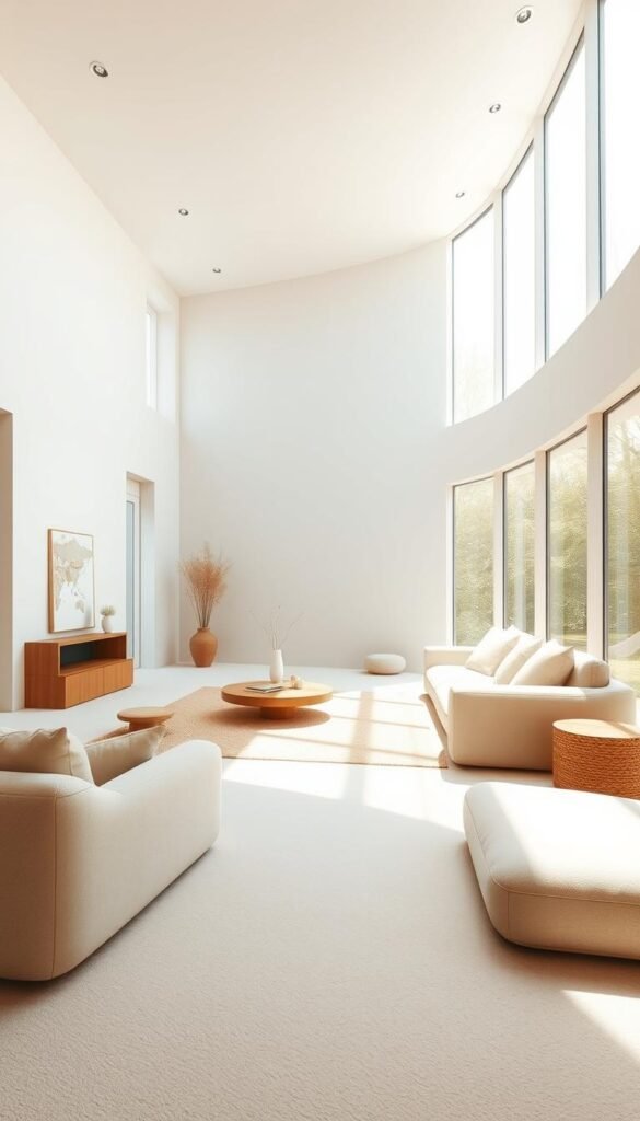 A serene, minimalist living room with an open, flowing design. Sunlight streams through large windows, casting a warm, soft glow over the space. The layout emphasizes clean lines, gentle curves, and an unobstructed path from one end to the other, creating a sense of harmony and fluidity. Plush, neutral-toned furniture and decor elements blend seamlessly, allowing the natural architecture to take center stage. A balanced, zen-like atmosphere pervades the scene, inviting relaxation and mindfulness. The overall impression is one of spaciousness, simplicity, and a soothing, cohesive aesthetic.