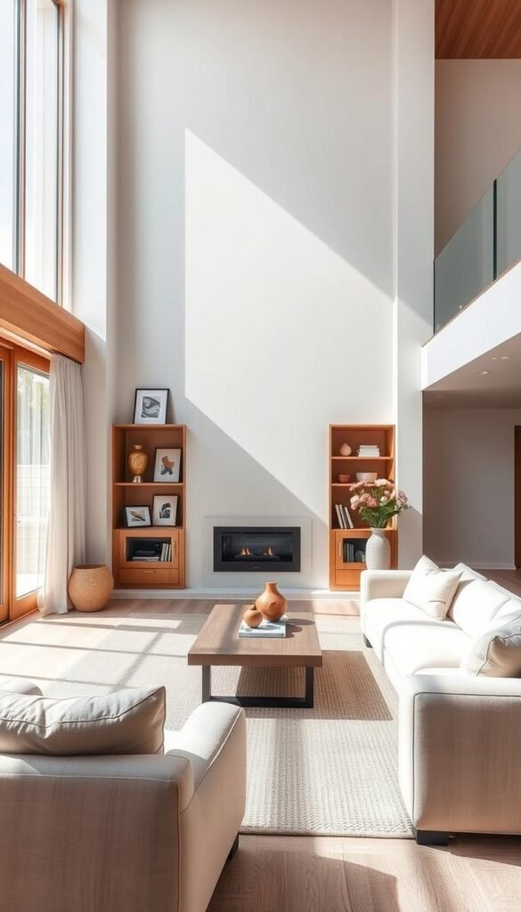 A serene, minimalist living room with clean architectural lines and a neutral color palette. Sunlight streams in through large windows, casting a warm glow on the pale walls and natural wood elements. A sleek, modern fireplace serves as the focal point, flanked by built-in shelving displaying artful decor. Plush, neutral-toned furnishings, including a comfortable sofa and armchair, invite relaxation. Subtle textures, such as a woven area rug and linen curtains, add depth and visual interest. The overall atmosphere is one of calm, sophisticated elegance - a perfect blank canvas for pops of vibrant color in accessories and artwork.