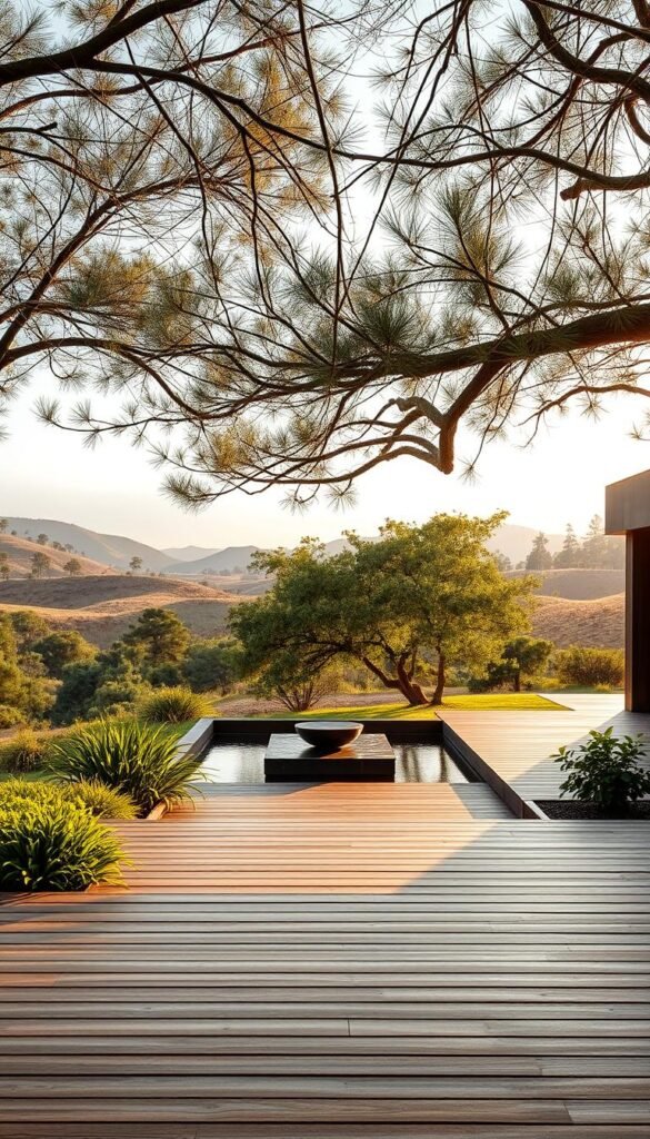 A serene, minimalist outdoor space with a perfectly balanced harmony of natural elements. In the foreground, a beautifully designed wooden deck seamlessly blends with the lush, verdant landscaping. A central water feature, its calm surface reflecting the surrounding foliage, creates a tranquil ambiance. Overhead, a canopy of delicate, swaying branches filters the warm, golden sunlight, casting a soft, diffused glow across the scene. In the background, rolling hills dotted with mature trees create a natural, peaceful backdrop. The entire composition exudes a sense of calm, inviting the viewer to pause, relax and immerse themselves in the beauty of this harmonious outdoor sanctuary.