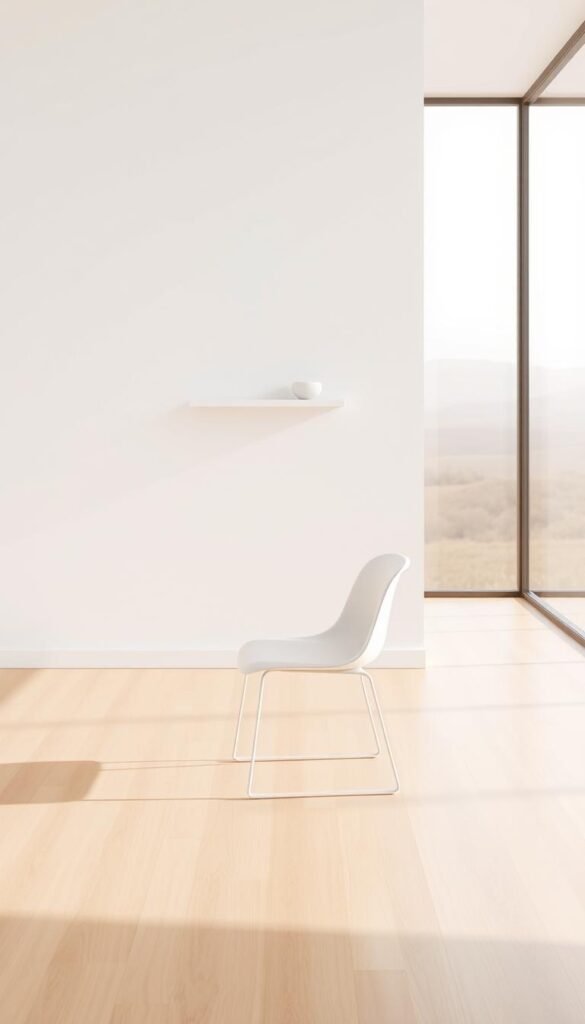 A serene, minimalist scene with a clean, geometric composition. In the foreground, a single, sleek white chair stands alone on a smooth, hardwood floor, casting a simple, angular shadow. The middle ground features a bare, white wall, subtly textured, with a single, floating shelf displaying a solitary, minimalist object. The background is a tranquil, soft-focus landscape visible through a large window, bathed in warm, natural light and a muted color palette. The overall atmosphere is one of quiet, refined elegance and simplicity.