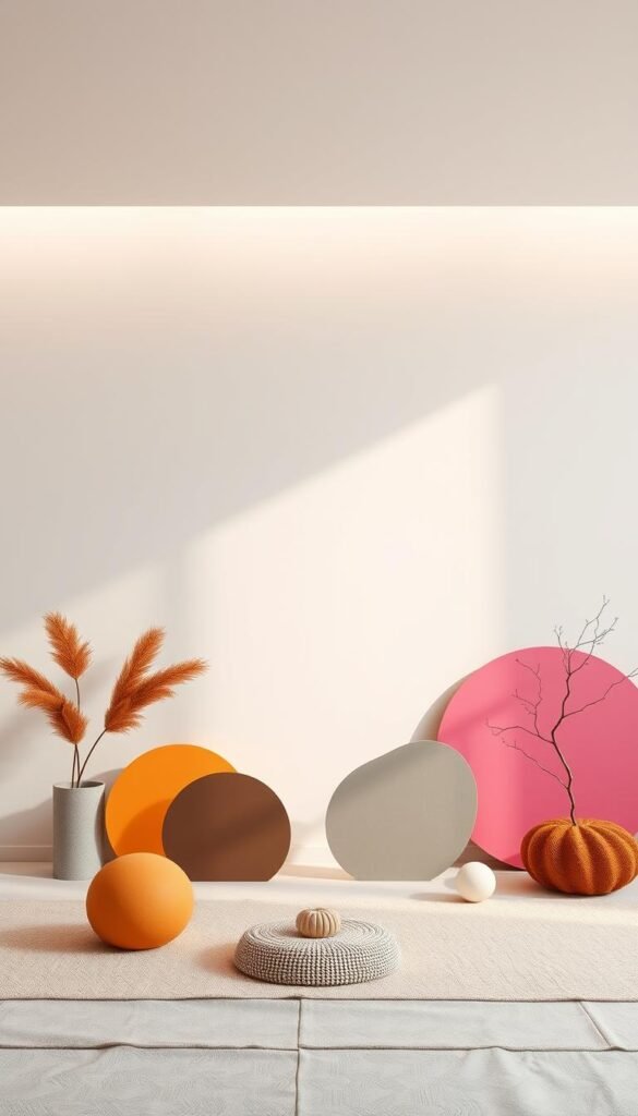 A serene, minimalist space with a neutral color palette as the backdrop. In the foreground, vibrant pops of color in the form of abstract shapes, geometric patterns, and organic textures. Soft, diffused lighting from above casts a warm, inviting glow, creating a sense of balance and harmony. The composition is carefully curated, with elements arranged to draw the eye and create visual interest. The overall atmosphere is one of calm, sophistication, and a touch of playfulness, perfectly suited for a modern, neutral living room design.