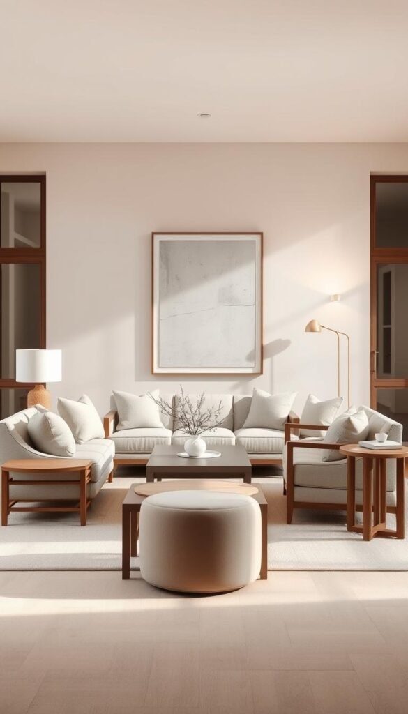 A serene, neutral color palette of soft grays, warm beiges, and muted tones, captured in a transitional style interior. The foreground features a minimalist sofa and armchair arrangement, with natural textures like linen and wood accents. In the middle ground, a classic coffee table and side tables create a balanced composition. The background showcases a neutral-toned wall, complemented by a large, framed abstract artwork. Soft, diffused lighting from a floor lamp and natural daylight through large windows creates a calming, inviting atmosphere. The overall scene reflects a harmonious blend of traditional and contemporary elements, embodying the essence of transitional decor.