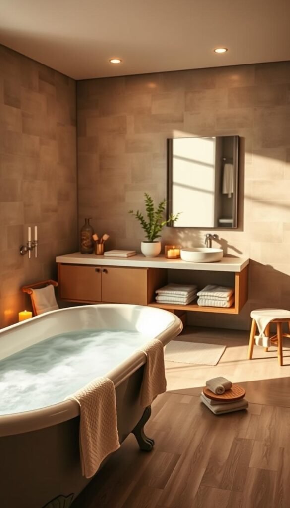 A serene, spa-like bathroom interior with warm, soft lighting, natural textures, and soothing colors. In the foreground, a deep, clawfoot bathtub filled with steaming water, surrounded by plush towels and aromatic candles. The middle ground features a modern vanity with a large mirror, minimalist fixtures, and a potted plant adding a touch of greenery. The background showcases a tiled wall in a muted, earthy palette, creating a calming, nature-inspired ambiance. The room is suffused with a tranquil, relaxing atmosphere, inviting the viewer to unwind and indulge in a rejuvenating self-care ritual. A serene, spa-like bathroom interior with warm, soft lighting, natural textures, and soothing colors. In the foreground, a deep, clawfoot bathtub filled with steaming water, surrounded by plush towels and aromatic candles. The middle ground features a modern vanity with a large mirror, minimalist fixtures, and a potted plant adding a touch of greenery. The background showcases a tiled wall in a muted, earthy palette, creating a calming, nature-inspired ambiance. The room is suffused with a tranquil, relaxing atmosphere, inviting the viewer to unwind and indulge in a rejuvenating self-care ritual.