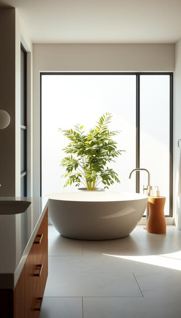 A serene, spa-like bathroom with a minimalist aesthetic. Soft, natural lighting filters through large windows, illuminating a freestanding bathtub and a vanity with a sleek, stone countertop. In the background, a lush, green indoor plant adds a touch of organic vitality. The space exudes a calming, rejuvenating atmosphere, with clean lines, neutral tones, and high-quality fixtures that create a luxurious yet understated ambiance. The overall design evokes a sense of tranquility and a retreat from the outside world, perfect for a relaxing self-care routine.
