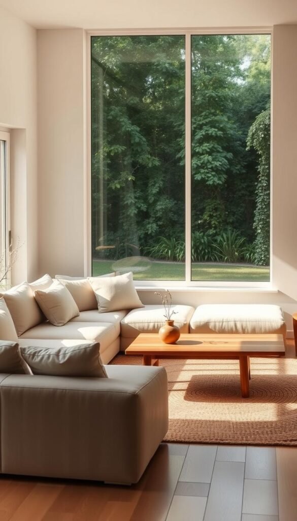 A serene, stress-free minimalist living room bathed in warm, natural light. A large window overlooking a lush, verdant garden fills the space with a calming ambiance. Soft, neutral-toned furnishings, including a plush sectional sofa and a low, wooden coffee table, create a harmonious, uncluttered aesthetic. Subtle textural accents, like a woven area rug and a few carefully curated decorative pieces, add visual interest without overwhelming the space. The room exudes a sense of tranquility and mindfulness, inviting the viewer to relax and unwind in a clutter-free, rejuvenating environment.